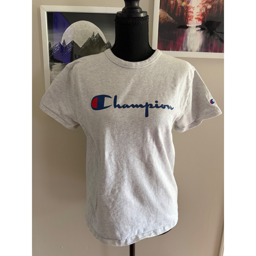 Champion Heritage Graphic T-Shirt Heather Gray Script Logo Size Medium
